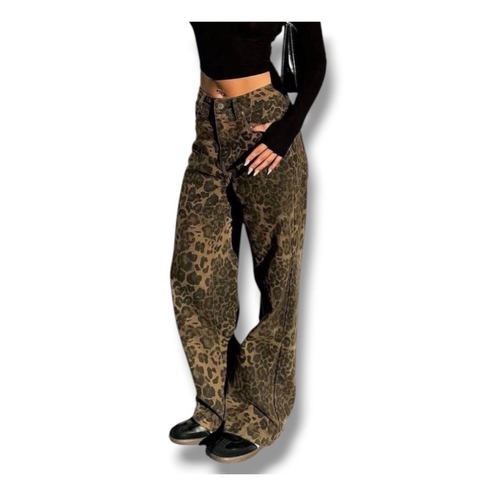 Aelfric Eden Leopard Wide Leg Jeans Women 27 Brown Streetwear Grunge Y2K Indie